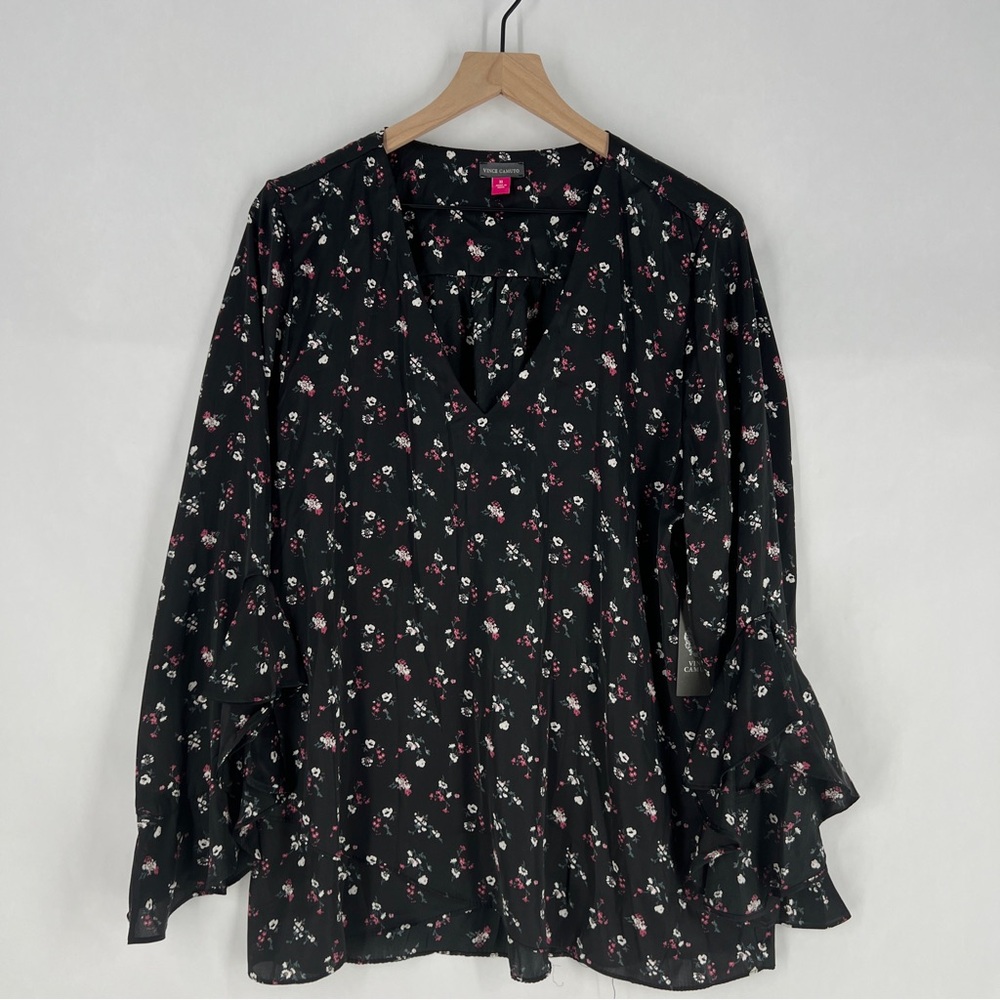 Vince Camuto Black Satin Floral Print Floral Layered Front Ruffle Sleeve Blouse